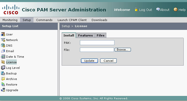 CPAM server admin setup - licence install UI